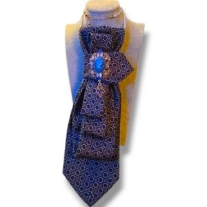 Ted Baker Folded Silk Crava in Navy, Orange & Purple Paisley With Blue Camoe Pin